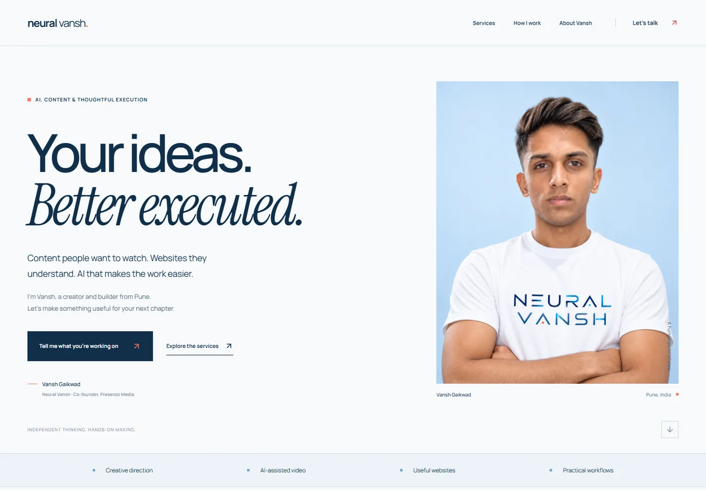 The redesigned Neural Vansh homepage, a real website built and maintained by Vansh